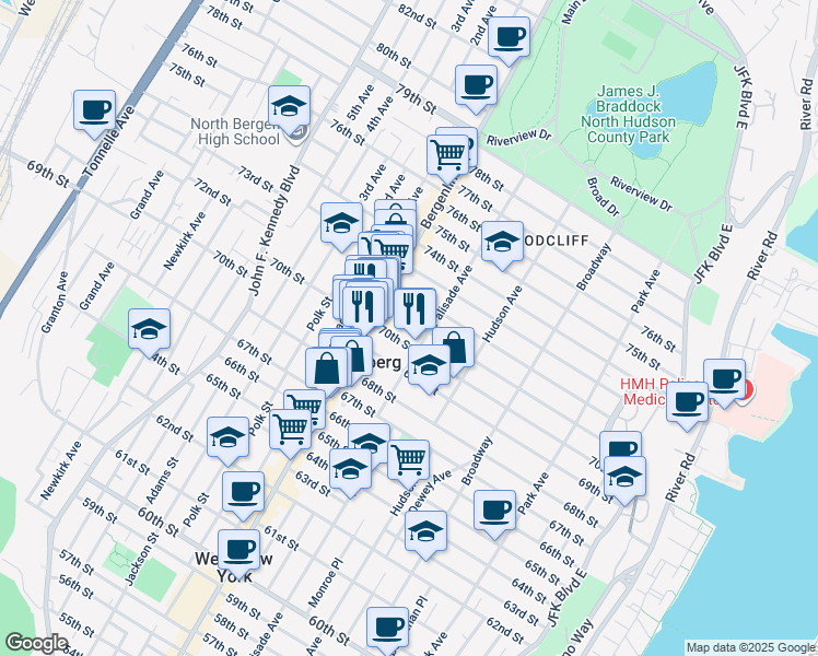 map of restaurants, bars, coffee shops, grocery stores, and more near 419 70th Street in Guttenberg