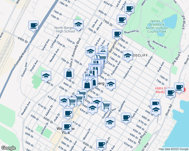 map of restaurants, bars, coffee shops, grocery stores, and more near in Guttenberg