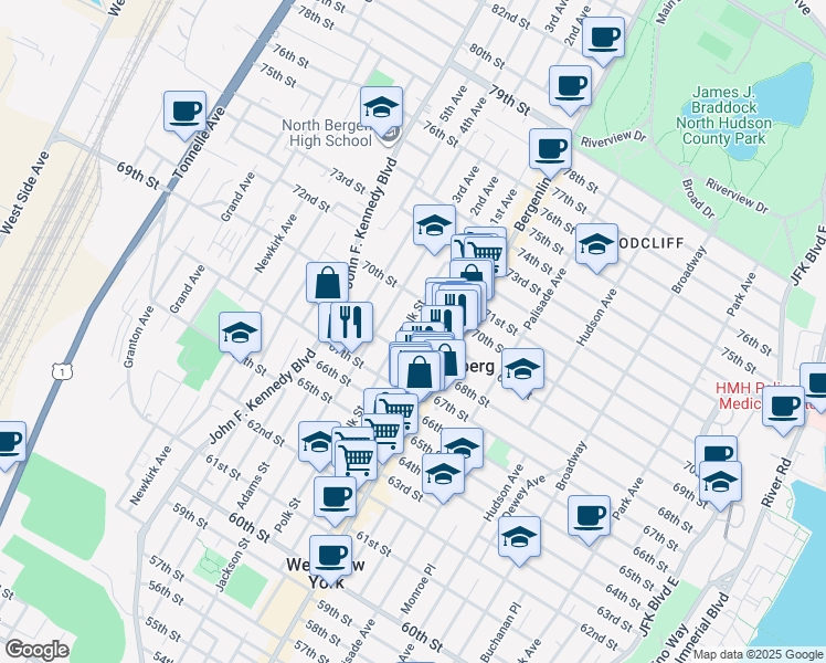 map of restaurants, bars, coffee shops, grocery stores, and more near 528 68th Street in Guttenberg