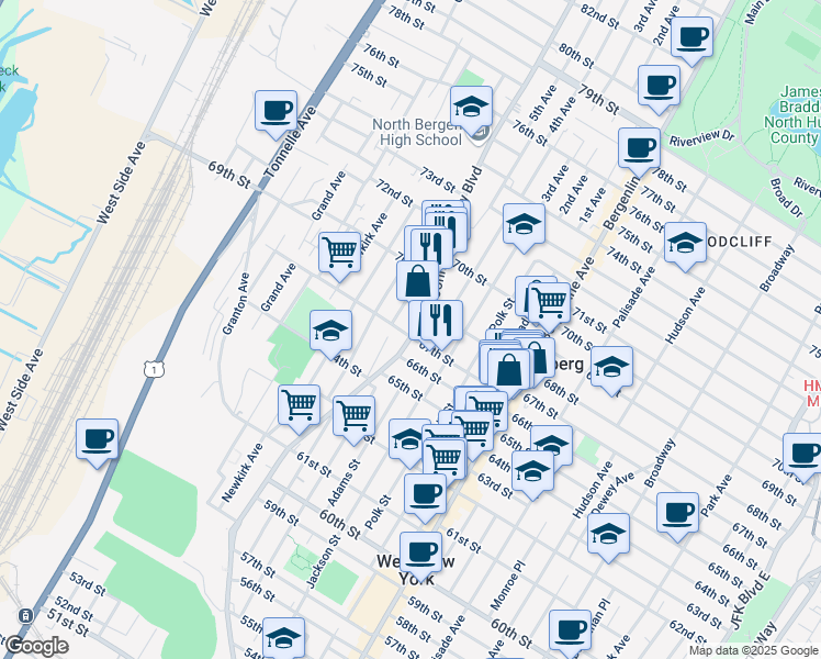 map of restaurants, bars, coffee shops, grocery stores, and more near 683 67th Street in West New York