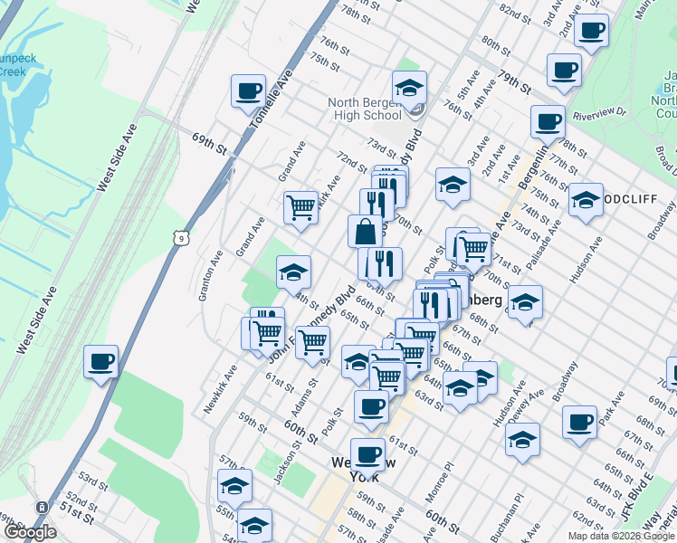 map of restaurants, bars, coffee shops, grocery stores, and more near 6513 Bergenwood Avenue in North Bergen