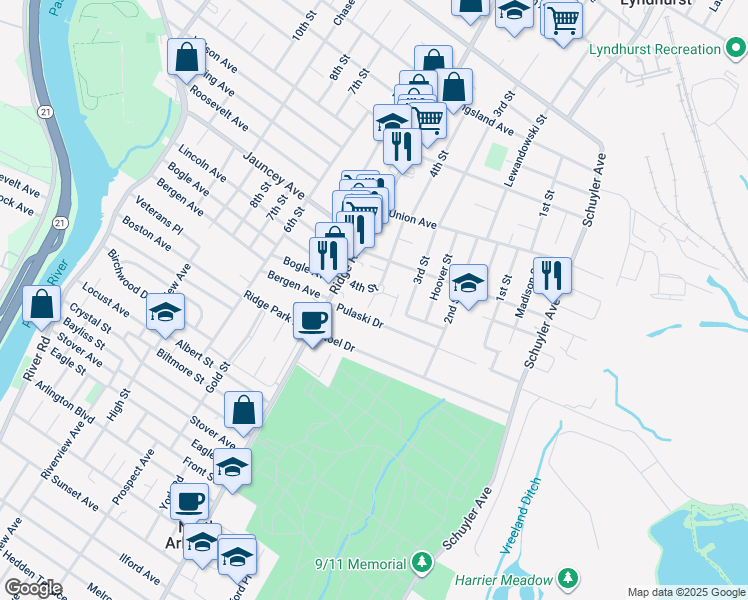 map of restaurants, bars, coffee shops, grocery stores, and more near 4 4th Street in North Arlington