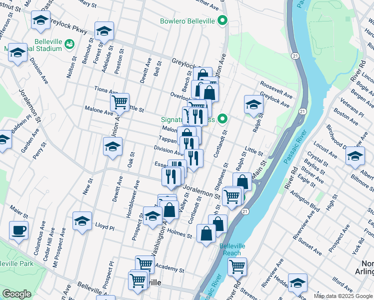 map of restaurants, bars, coffee shops, grocery stores, and more near 433 Washington Avenue in Belleville
