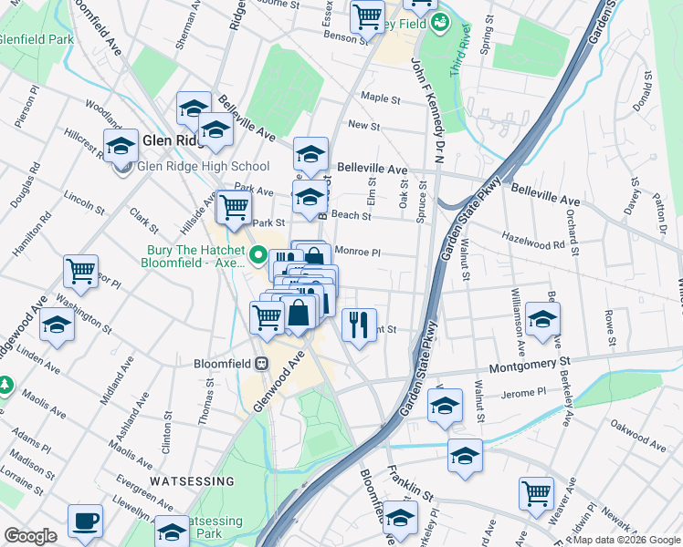 map of restaurants, bars, coffee shops, grocery stores, and more near 11 Park Place in Bloomfield
