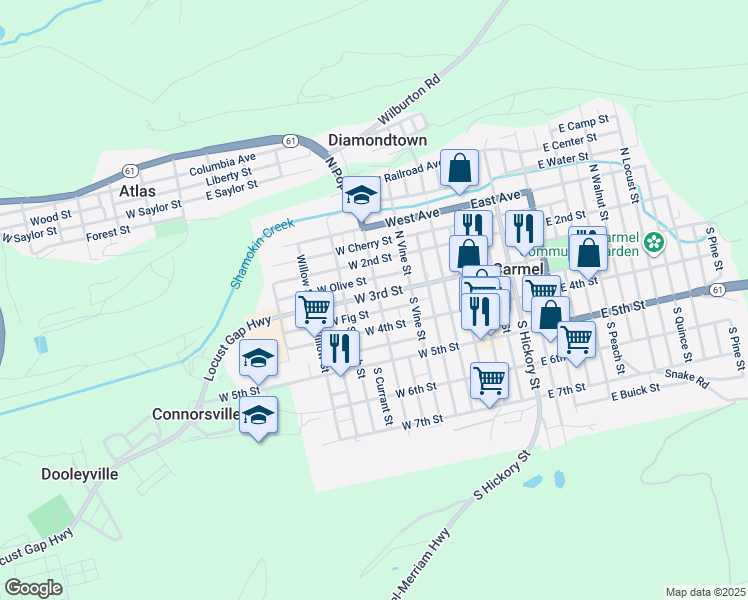 map of restaurants, bars, coffee shops, grocery stores, and more near 300 West Fig Street in Mount Carmel