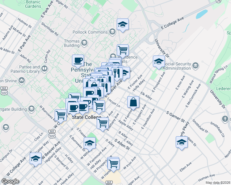 map of restaurants, bars, coffee shops, grocery stores, and more near 229 Locust Lane in State College