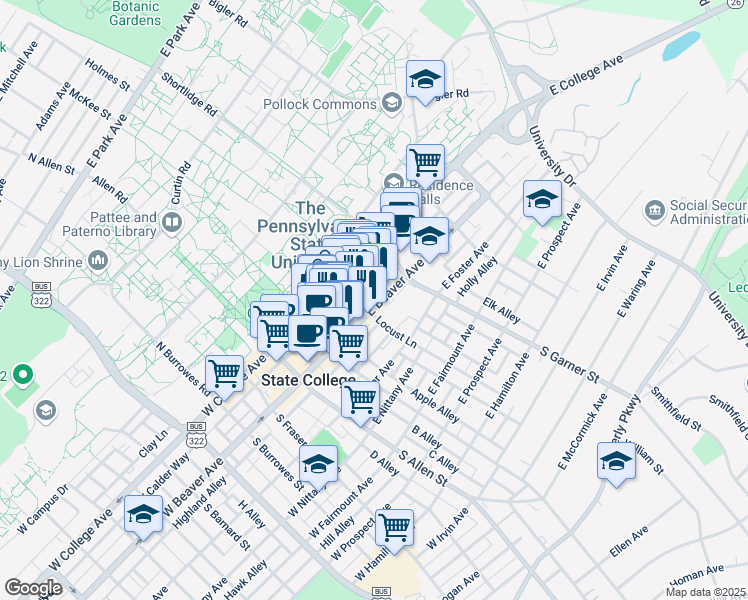 map of restaurants, bars, coffee shops, grocery stores, and more near 211 East Beaver Avenue in State College