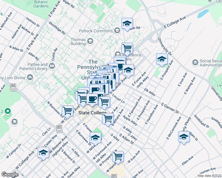 map of restaurants, bars, coffee shops, grocery stores, and more near 211 East Beaver Avenue in State College