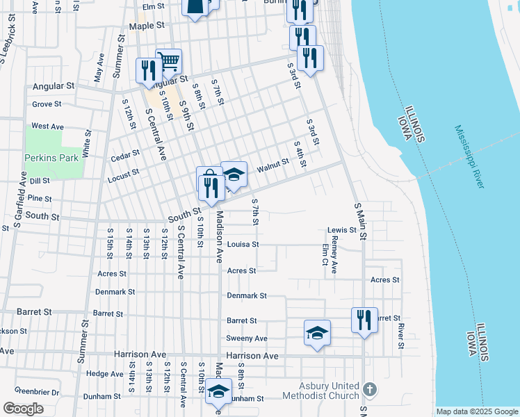map of restaurants, bars, coffee shops, grocery stores, and more near 1313 South 7th Street in Burlington