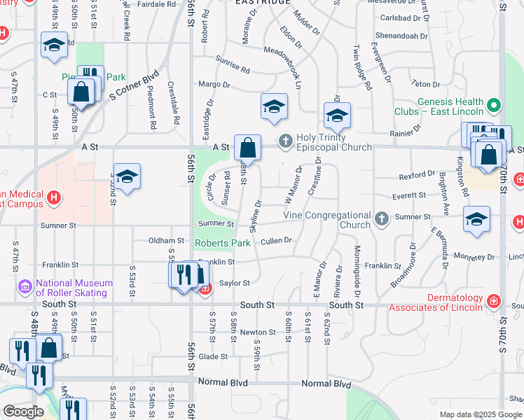 map of restaurants, bars, coffee shops, grocery stores, and more near 1635 Skyline Drive in Lincoln