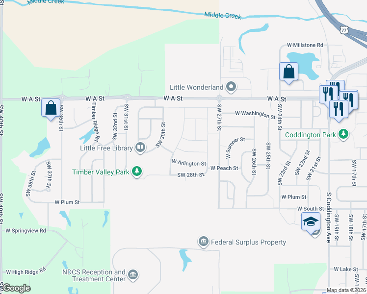 map of restaurants, bars, coffee shops, grocery stores, and more near 2901 West Rose Street in Lincoln