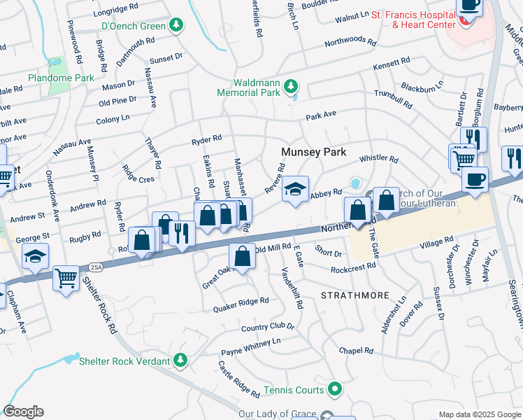map of restaurants, bars, coffee shops, grocery stores, and more near in Manhasset