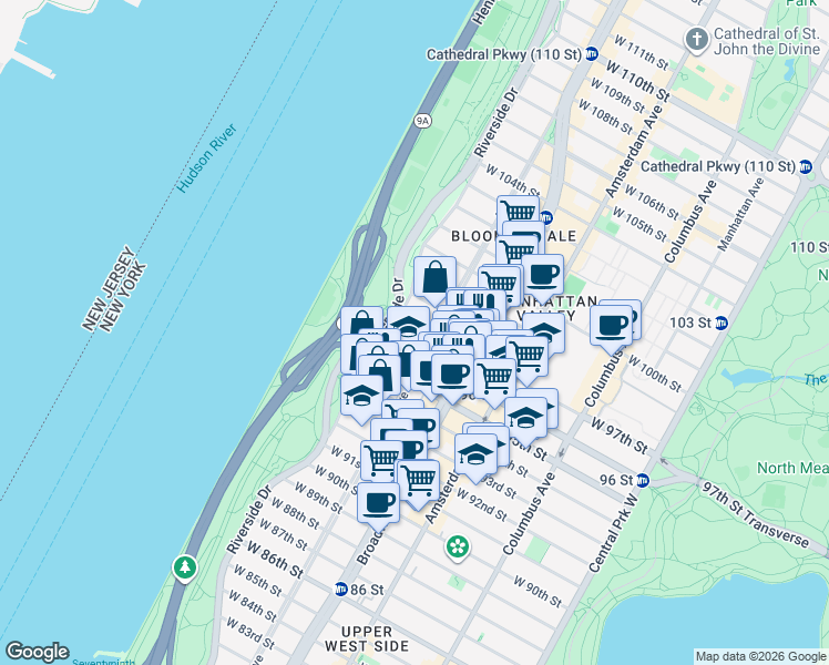 map of restaurants, bars, coffee shops, grocery stores, and more near 315 West 96th Street in New York