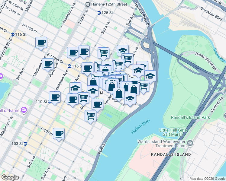 map of restaurants, bars, coffee shops, grocery stores, and more near 398 Pete Pascale Place in New York