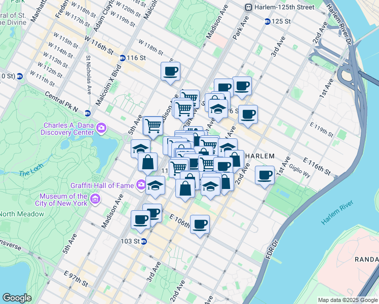 map of restaurants, bars, coffee shops, grocery stores, and more near 1799 Lexington Avenue in New York