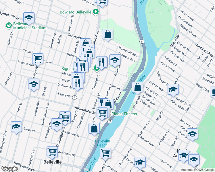 map of restaurants, bars, coffee shops, grocery stores, and more near 235 Ralph Street in Belleville