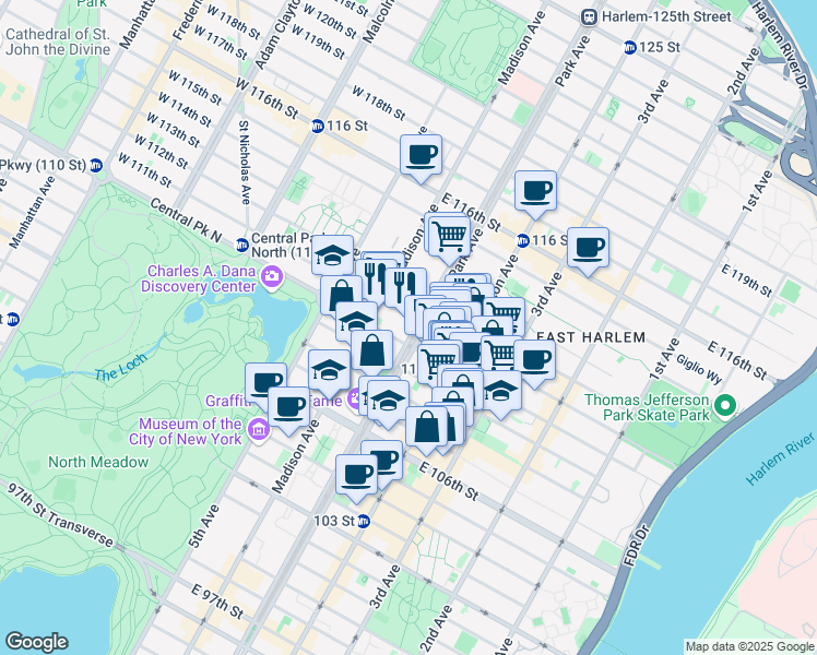 map of restaurants, bars, coffee shops, grocery stores, and more near 119e East 110th Street in New York