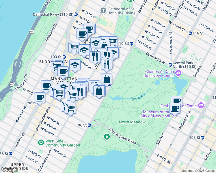 map of restaurants, bars, coffee shops, grocery stores, and more near 425 Central Park West in New York