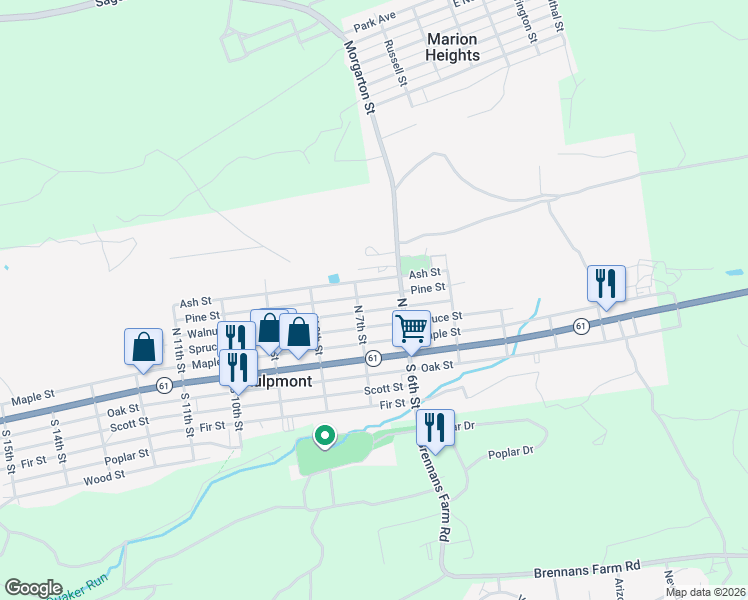 map of restaurants, bars, coffee shops, grocery stores, and more near 601-699 Walnut Street in Kulpmont