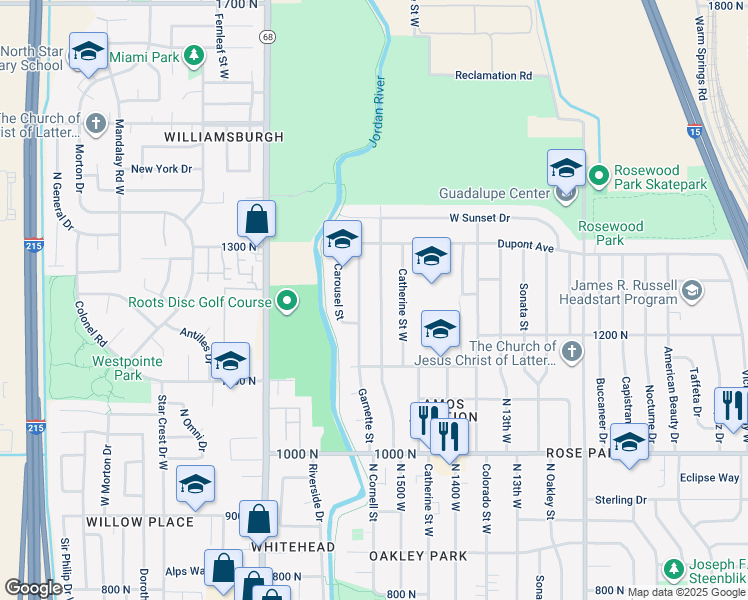 map of restaurants, bars, coffee shops, grocery stores, and more near 1215 North 1500 West in Salt Lake City