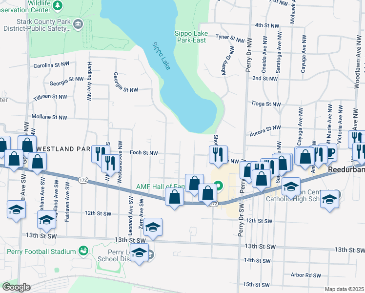 map of restaurants, bars, coffee shops, grocery stores, and more near 314 Pershing Avenue Northwest in Massillon