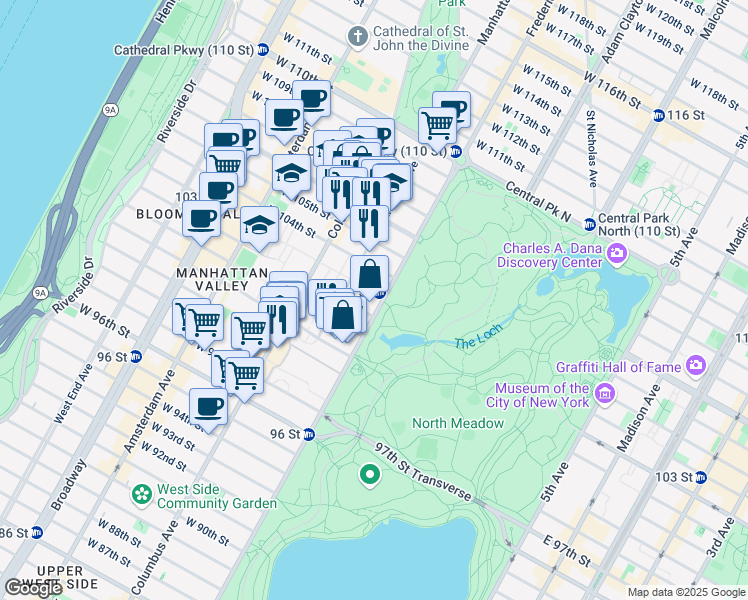 map of restaurants, bars, coffee shops, grocery stores, and more near 425 Central Park West in New York