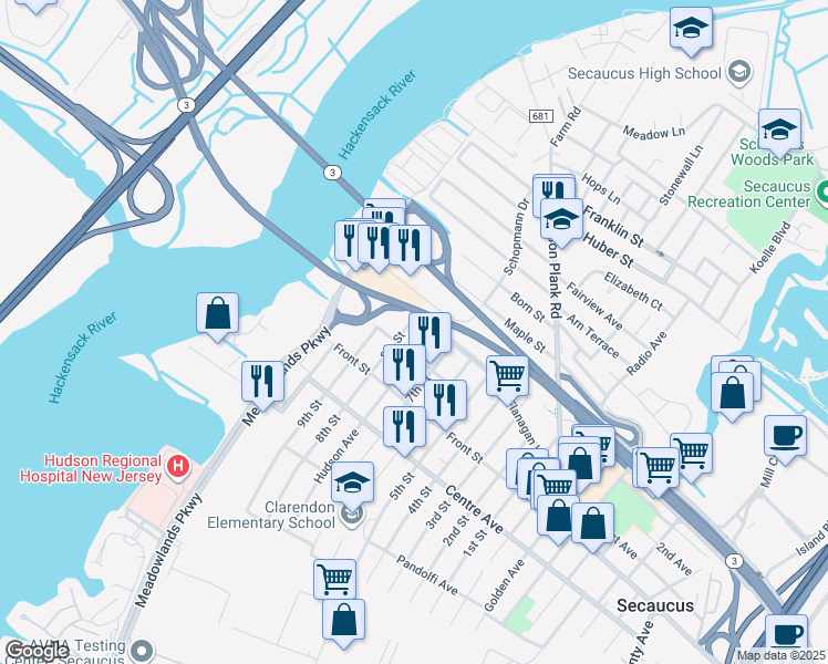 map of restaurants, bars, coffee shops, grocery stores, and more near 320 Clarendon Street in Secaucus