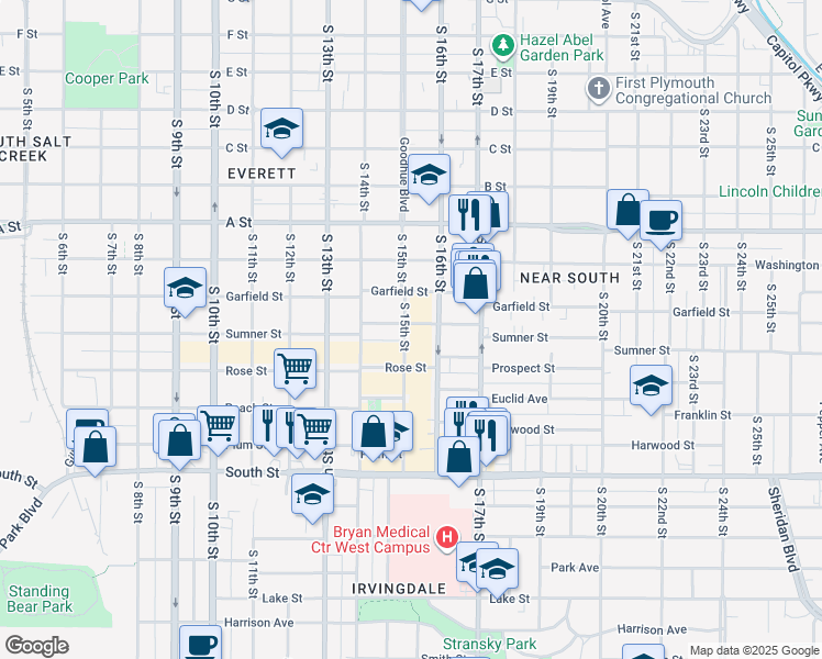 map of restaurants, bars, coffee shops, grocery stores, and more near 1702 South 15th Street in Lincoln
