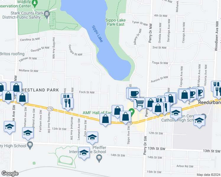 map of restaurants, bars, coffee shops, grocery stores, and more near 316 Pershing Avenue Northwest in Massillon