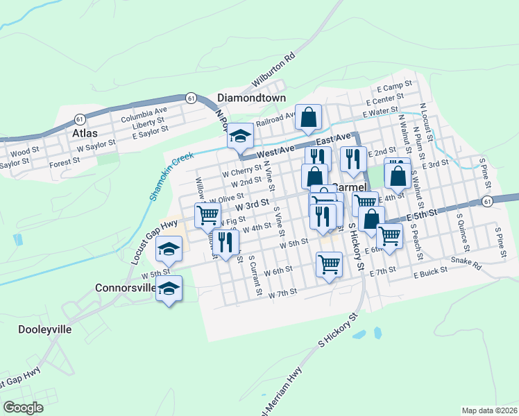map of restaurants, bars, coffee shops, grocery stores, and more near 300 West Fig Street in Mount Carmel