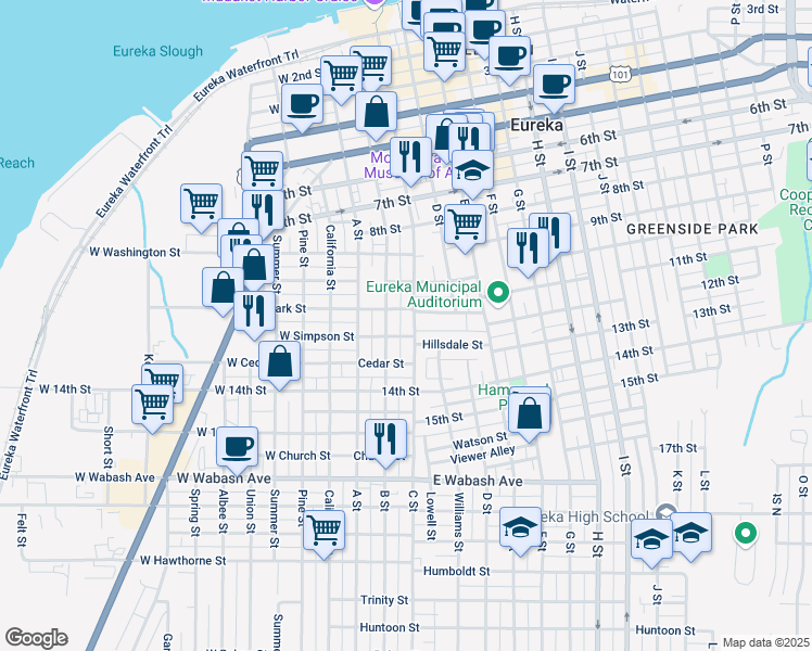 map of restaurants, bars, coffee shops, grocery stores, and more near 204 Hillsdale Street in Eureka