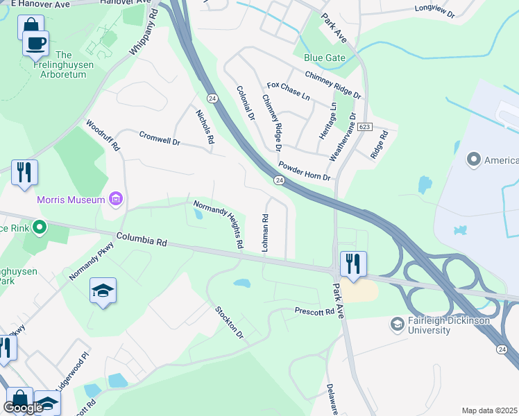 map of restaurants, bars, coffee shops, grocery stores, and more near 9 Lohman Road in Morristown
