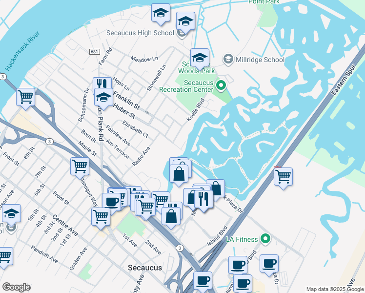 map of restaurants, bars, coffee shops, grocery stores, and more near 1025 Park Drive in Secaucus