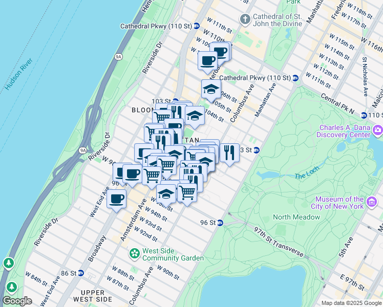 map of restaurants, bars, coffee shops, grocery stores, and more near West 100th Street in New York