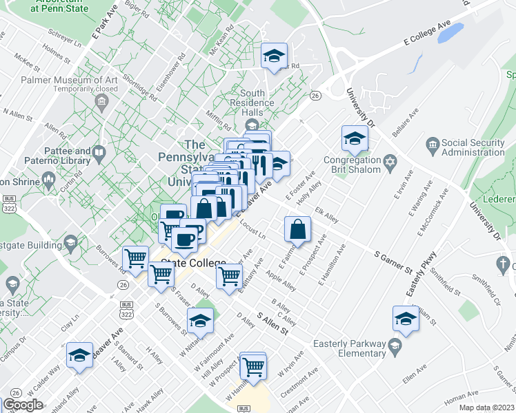 map of restaurants, bars, coffee shops, grocery stores, and more near 340 East Beaver Avenue in State College