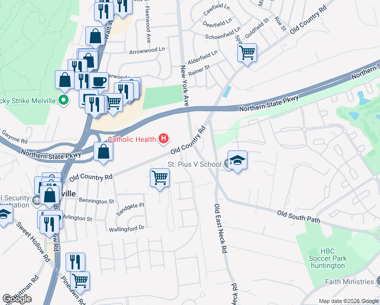 map of restaurants, bars, coffee shops, grocery stores, and more near 18 Wendell Court in Melville