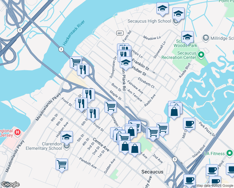 map of restaurants, bars, coffee shops, grocery stores, and more near 245 Maple Street in Secaucus