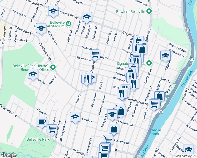 map of restaurants, bars, coffee shops, grocery stores, and more near 24 Oak Street in Belleville