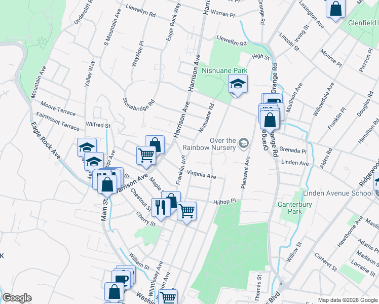 map of restaurants, bars, coffee shops, grocery stores, and more near 62 Nishuane Road in Montclair