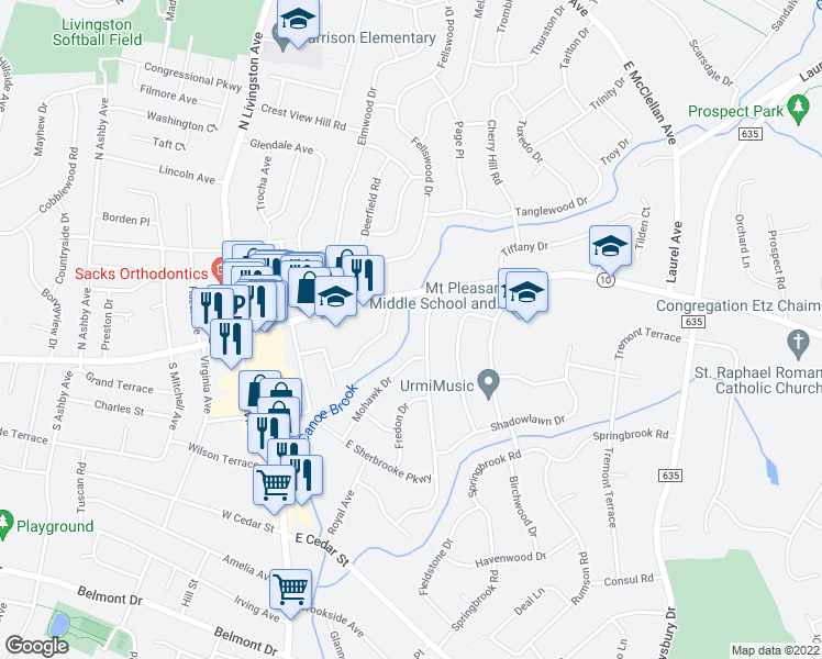 map of restaurants, bars, coffee shops, grocery stores, and more near 45 Knollwood Drive in Livingston