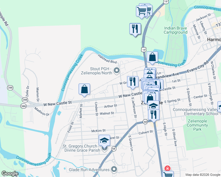 map of restaurants, bars, coffee shops, grocery stores, and more near 419 West New Castle Street in Zelienople