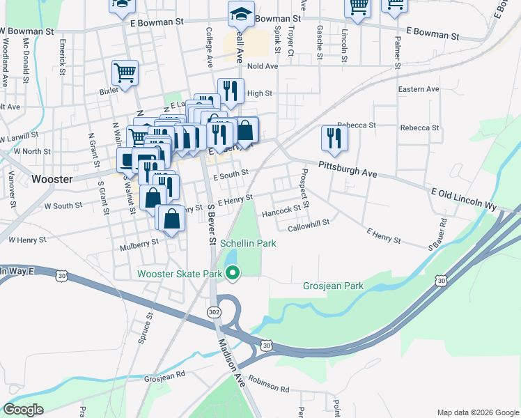 map of restaurants, bars, coffee shops, grocery stores, and more near 519 Hancock Street in Wooster