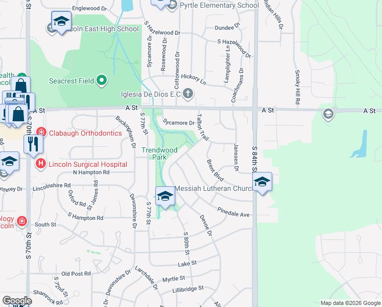 map of restaurants, bars, coffee shops, grocery stores, and more near 1708 Pinedale Avenue in Lincoln