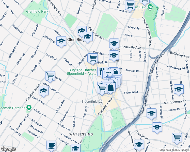 map of restaurants, bars, coffee shops, grocery stores, and more near 62 Farrand Street in Bloomfield