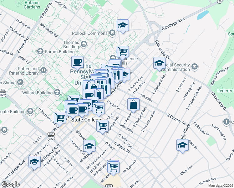 map of restaurants, bars, coffee shops, grocery stores, and more near 340 East Beaver Avenue in State College