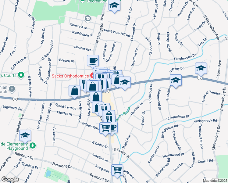 map of restaurants, bars, coffee shops, grocery stores, and more near 50 East Mount Pleasant Avenue in Livingston