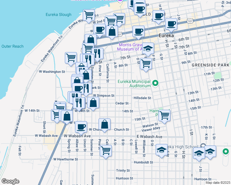 map of restaurants, bars, coffee shops, grocery stores, and more near 1134 A Street in Eureka