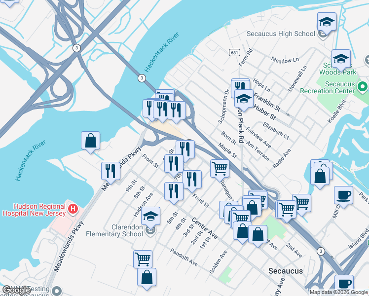 map of restaurants, bars, coffee shops, grocery stores, and more near 320 Clarendon Street in Secaucus