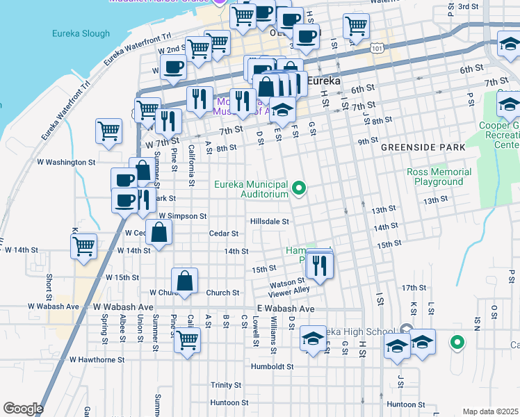 map of restaurants, bars, coffee shops, grocery stores, and more near 282 Hillsdale Street in Eureka