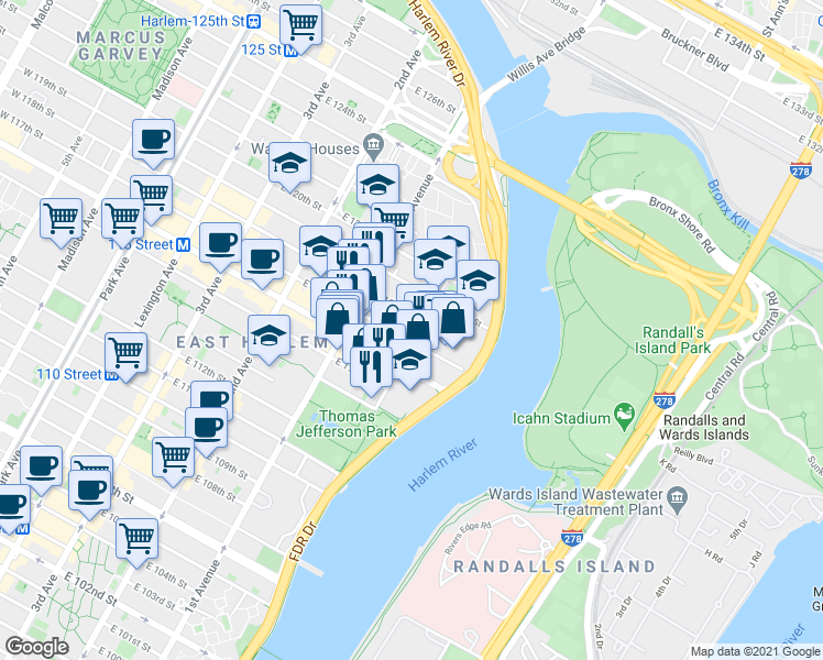map of restaurants, bars, coffee shops, grocery stores, and more near in New York